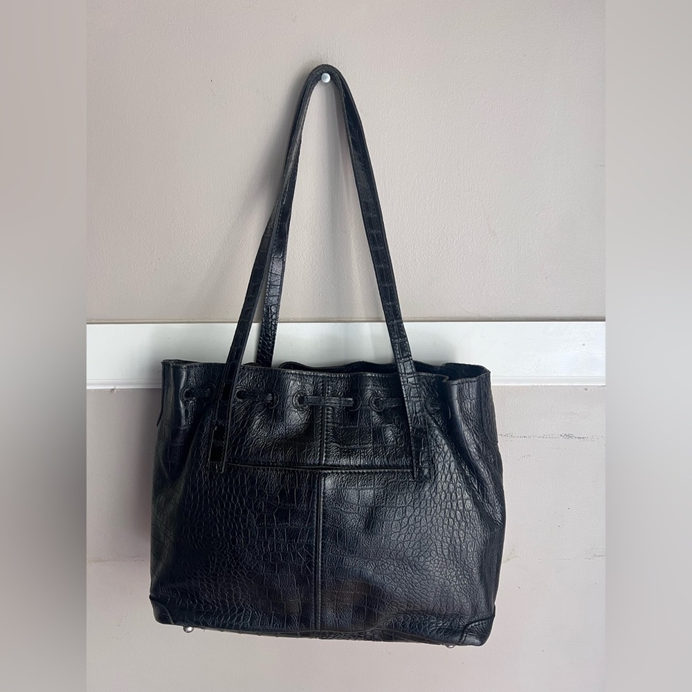 Patricia Nash Leather Drawstring Witney Tote in black croc-embossed leather. - Picture 3 of 5